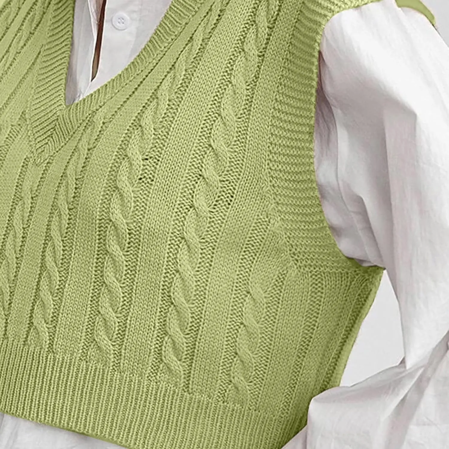 Sweater Tank Tops for Women 2024 Trendy Solid Color Cable Knit Crop Sweater Vest Cap Sleeves V-Neck Knitwear Tops
