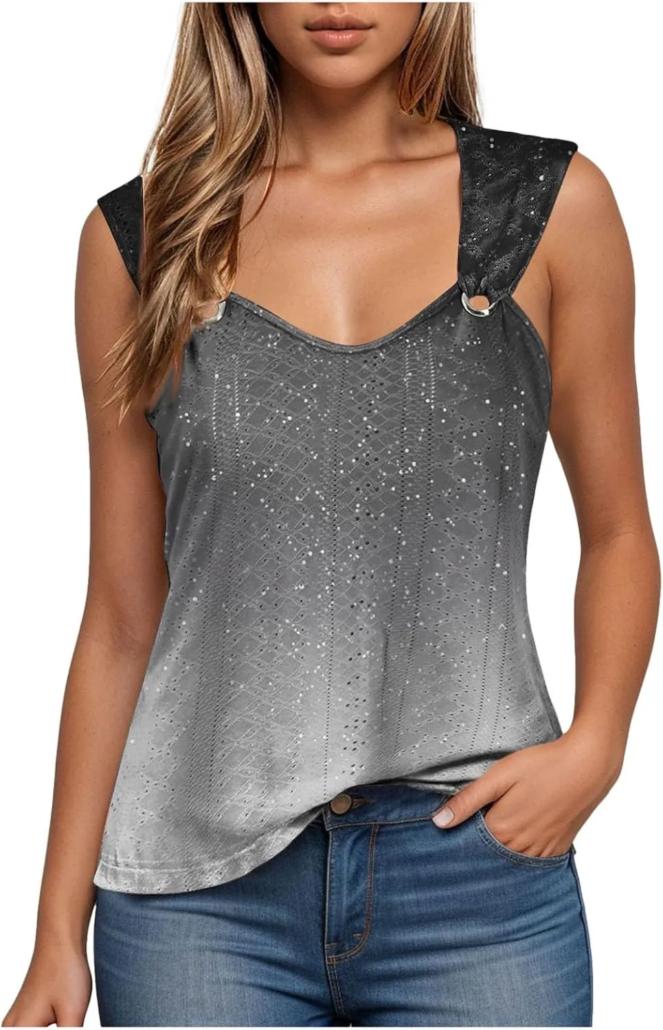 Tank Tops for Women 2025 Pleated Square Neck O Ring Shoulder Sleeveless Shirts Casual Loose Fit Trendy Blouses