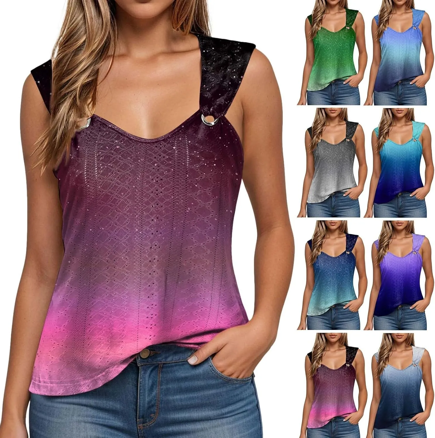Tank Tops for Women 2025 Pleated Square Neck O Ring Shoulder Sleeveless Shirts Casual Loose Fit Trendy Blouses
