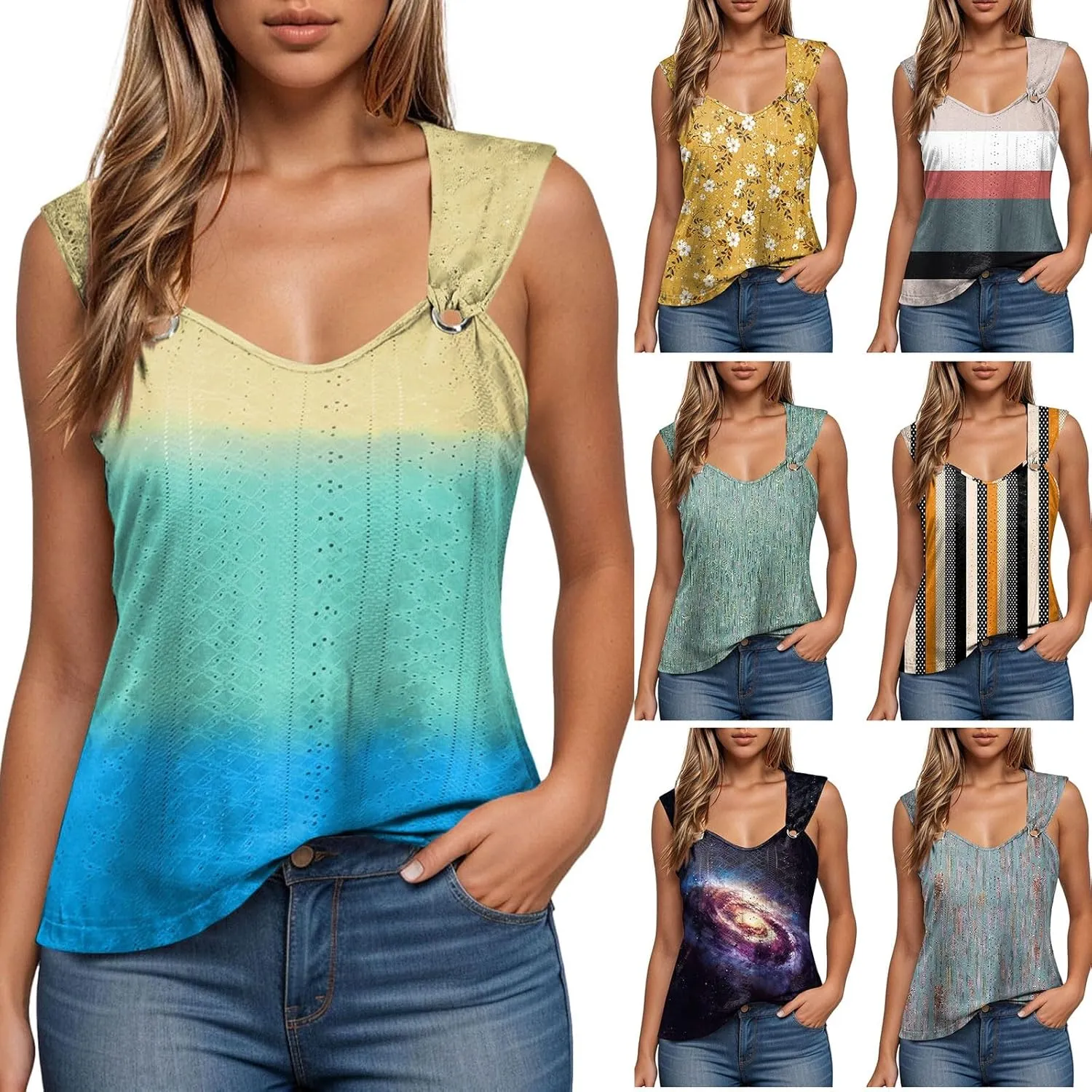 Tank Tops for Women 2025 Pleated Square Neck O Ring Shoulder Sleeveless Shirts Casual Loose Fit Trendy Blouses