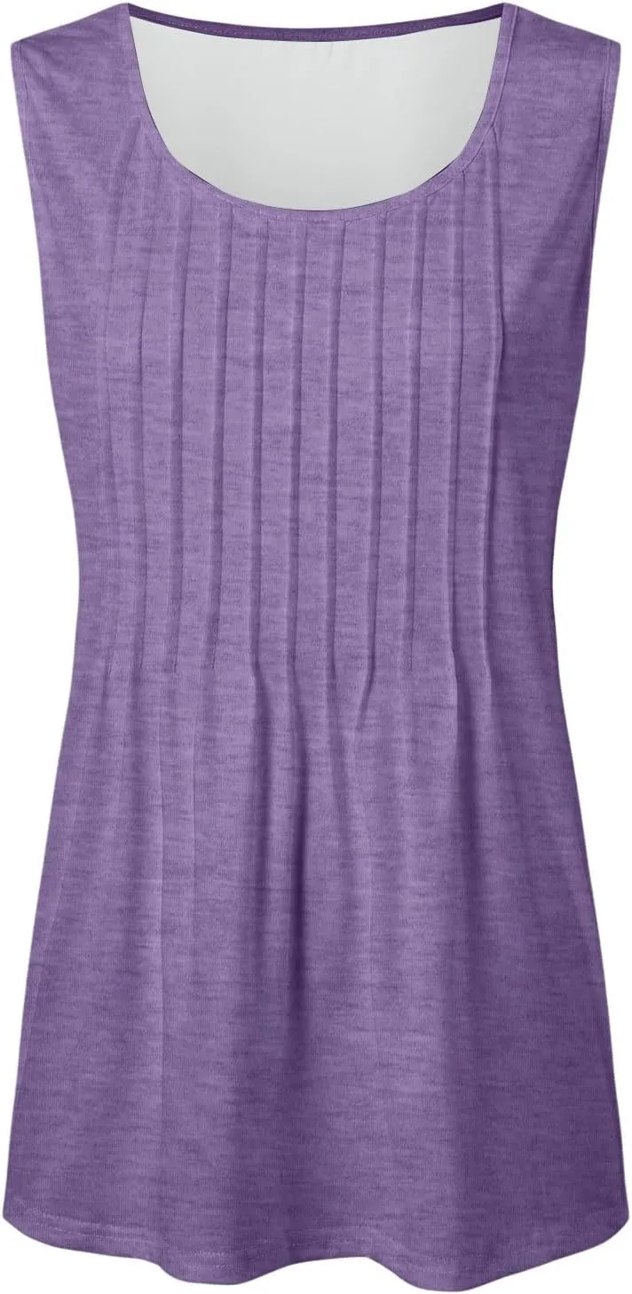 Tank Tops for Women 2025 Summer Sleeveless Pleated Crewneck Shirts Dressy Casual Beach Vacation Clothes