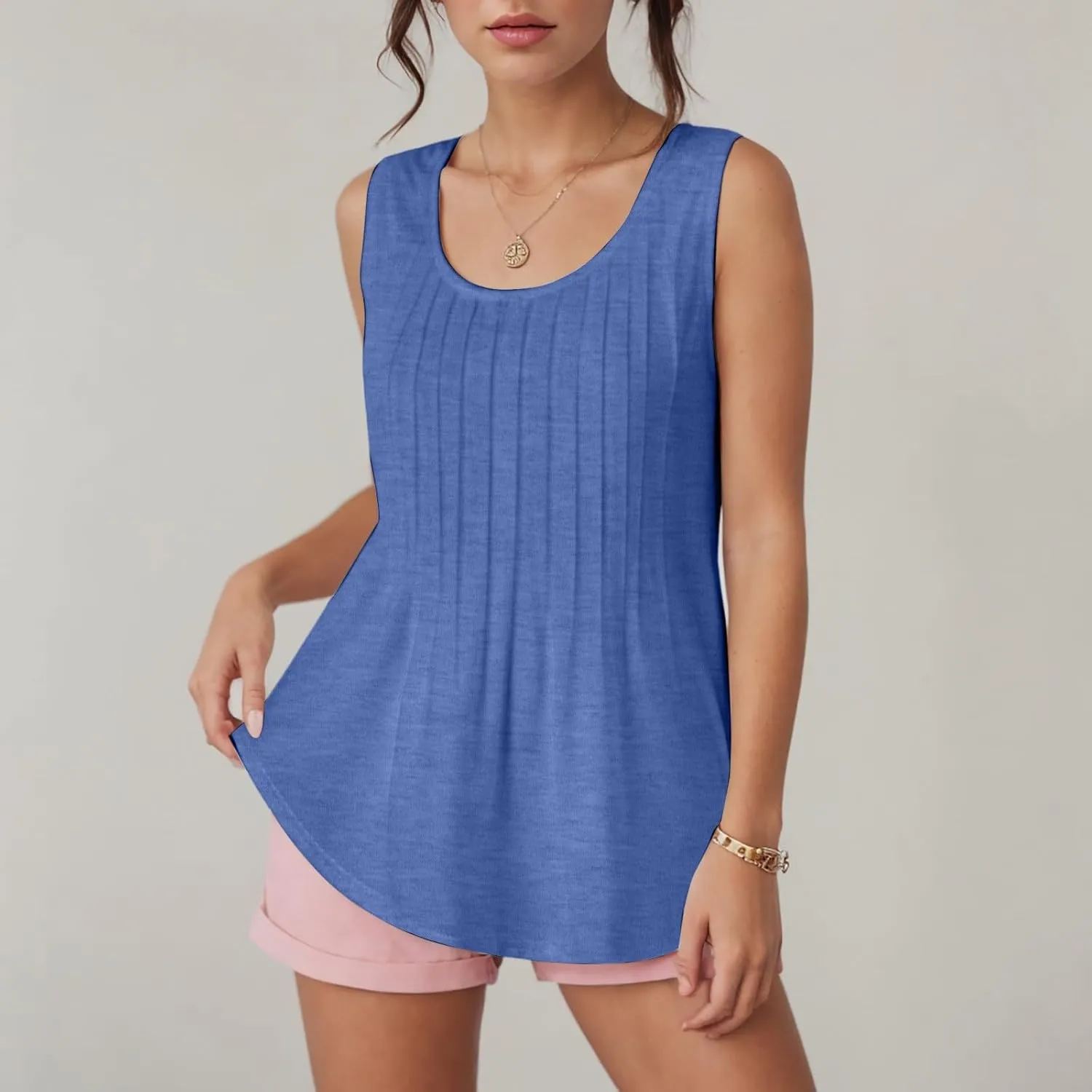 Tank Tops for Women 2025 Summer Sleeveless Pleated Crewneck Shirts Dressy Casual Beach Vacation Clothes