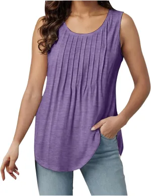 Tank Tops for Women 2025 Summer Sleeveless Pleated Crewneck Shirts Dressy Casual Beach Vacation Clothes
