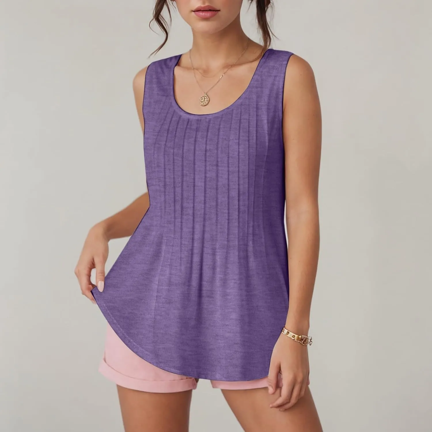 Tank Tops for Women 2025 Summer Sleeveless Pleated Crewneck Shirts Dressy Casual Beach Vacation Clothes