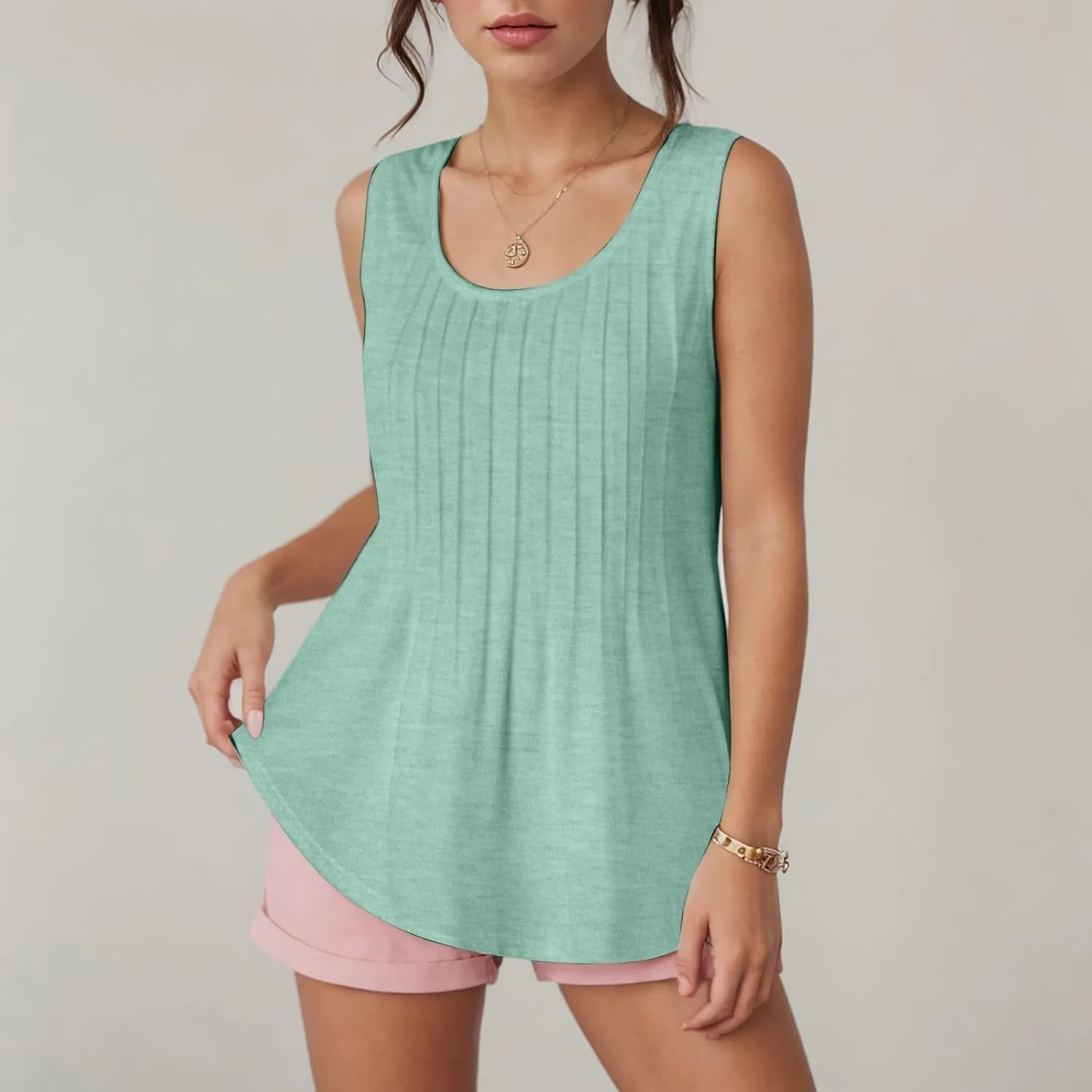 Tank Tops for Women 2025 Summer Sleeveless Pleated Crewneck Shirts Dressy Casual Beach Vacation Clothes