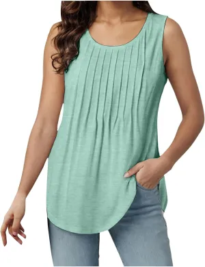 Tank Tops for Women 2025 Summer Sleeveless Pleated Crewneck Shirts Dressy Casual Beach Vacation Clothes