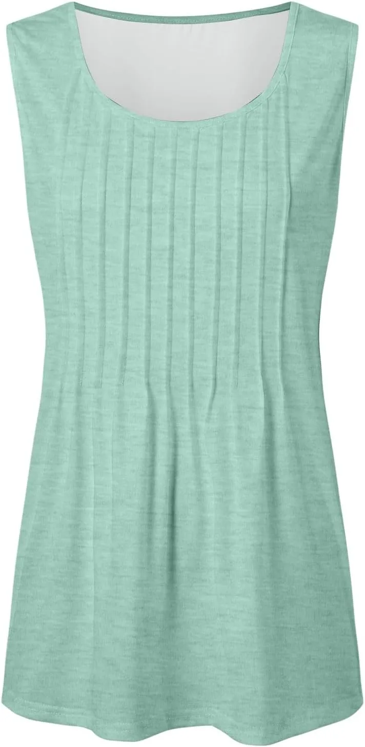 Tank Tops for Women 2025 Summer Sleeveless Pleated Crewneck Shirts Dressy Casual Beach Vacation Clothes