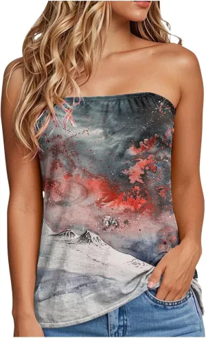 Tank Tops for Women 2025 Trendy Causal Print Strapless Tanks Tube Blouses Summer Backless Sexy T Shirts