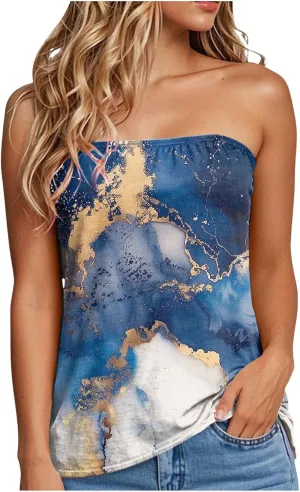 Tank Tops for Women 2025 Trendy Causal Print Strapless Tanks Tube Blouses Summer Backless Sexy T Shirts