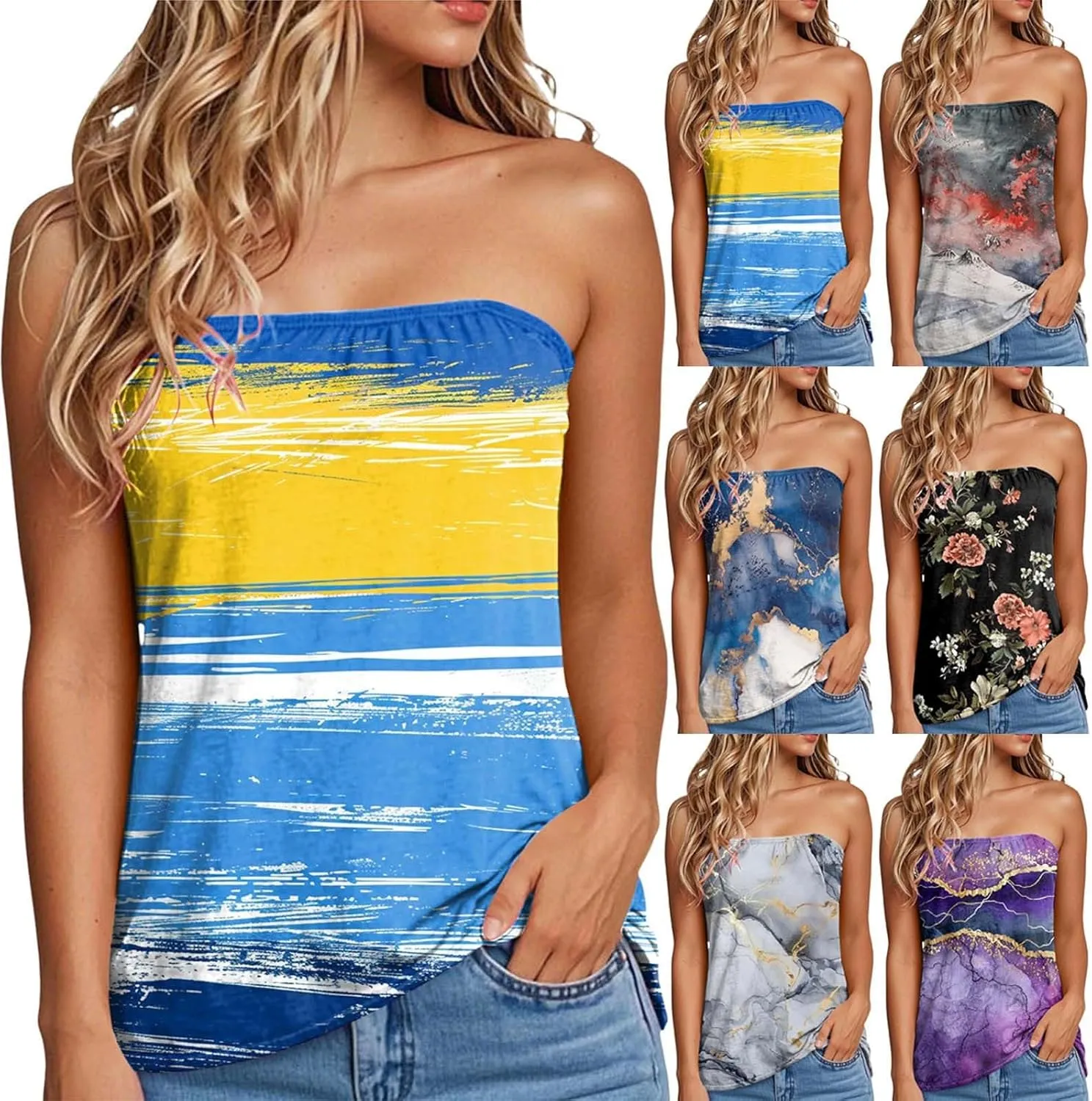 Tank Tops for Women 2025 Trendy Causal Print Strapless Tanks Tube Blouses Summer Backless Sexy T Shirts