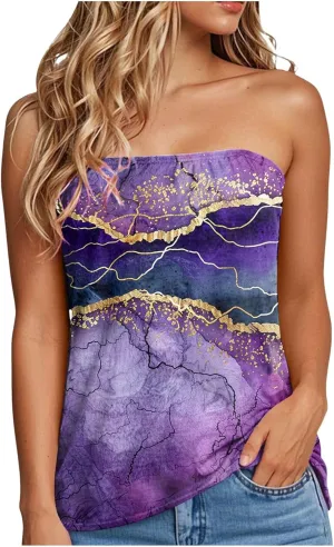Tank Tops for Women 2025 Trendy Causal Print Strapless Tanks Tube Blouses Summer Backless Sexy T Shirts