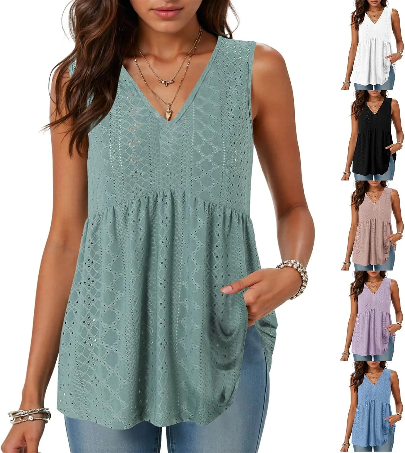 Tank Tops for Women 2025 Trendy Flowy Peplum Tops for Women Dressy Sleeveless V Neck Babydoll Tank Tops
