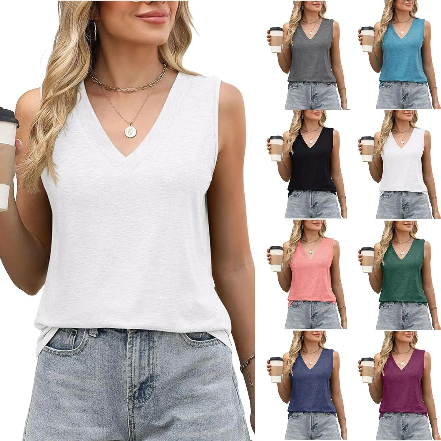 Tank Tops for Women 2025 Trendy V Neck Tank Top Sleeveless Loose Fit Flowy Shirts Summer Outfit Clothes
