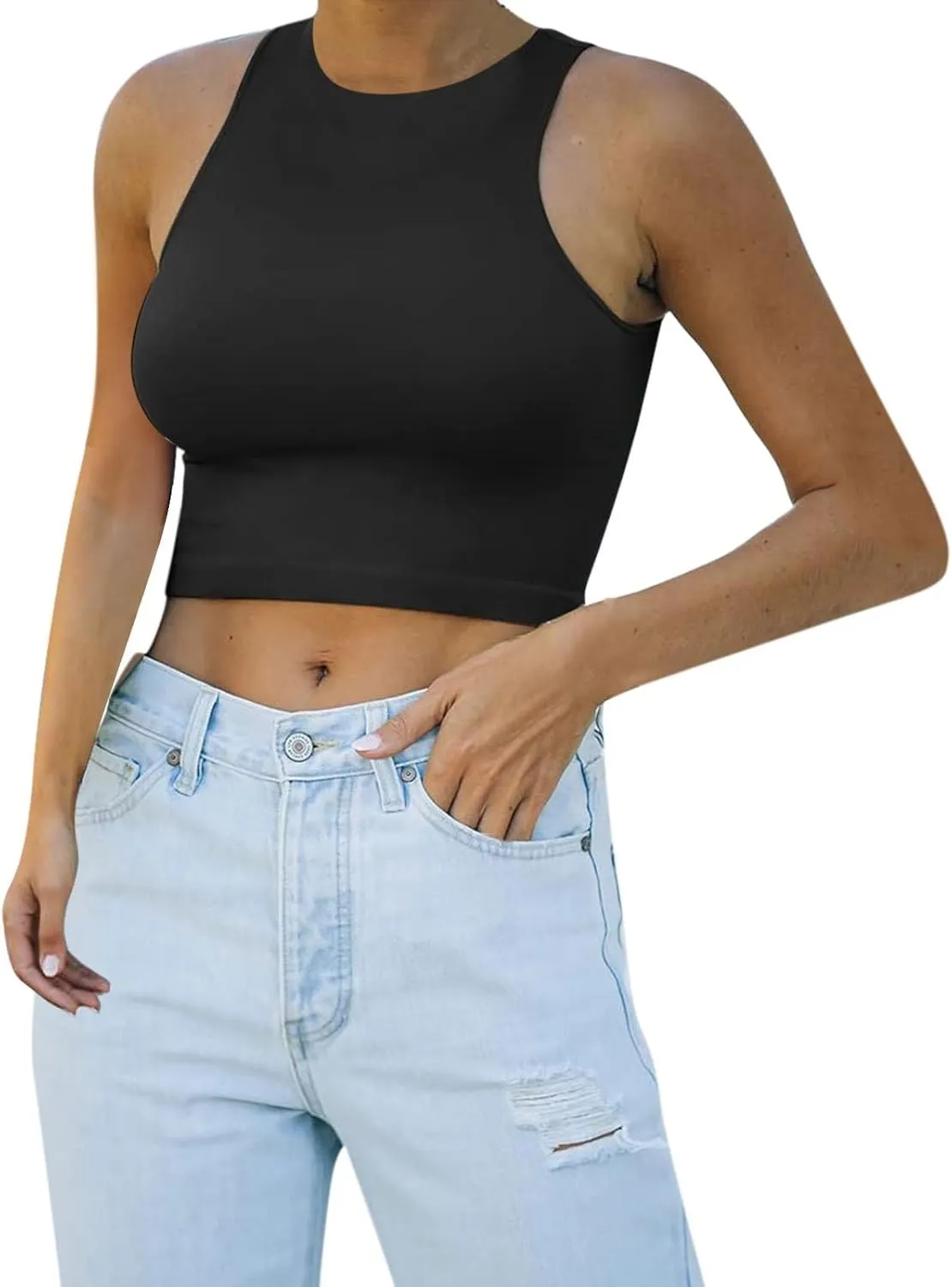 Tank Tops for Women Trendy Causal Sleeveless Crewneck Knit Slim Fitted Side Ruched Casual Basic Tshirts
