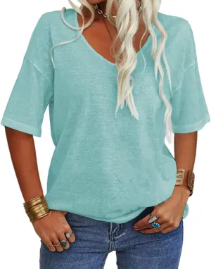 Tankaneo Women's Summer Fashion V-Neck Half Sleeves T Shirt Solid Casual Loose Basic Tunics Tops