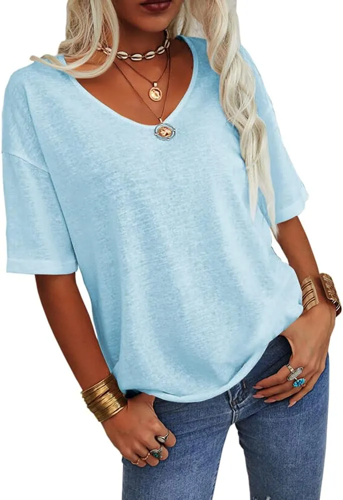 Tankaneo Women's Summer Fashion V-Neck Half Sleeves T Shirt Solid Casual Loose Basic Tunics Tops