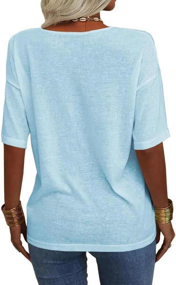 Tankaneo Women's Summer Fashion V-Neck Half Sleeves T Shirt Solid Casual Loose Basic Tunics Tops