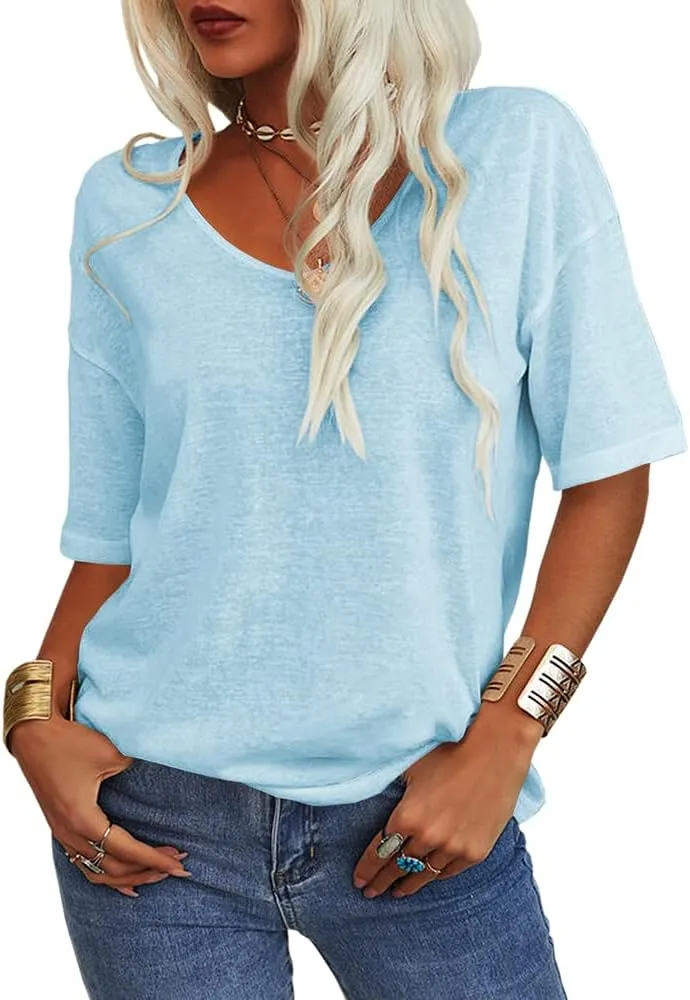 Tankaneo Women's Summer Fashion V-Neck Half Sleeves T Shirt Solid Casual Loose Basic Tunics Tops