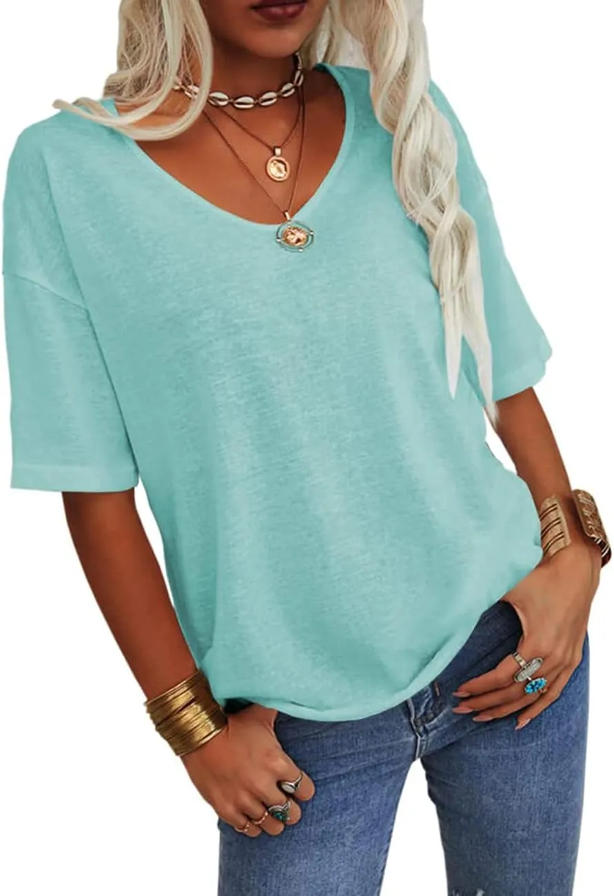 Tankaneo Women's Summer Fashion V-Neck Half Sleeves T Shirt Solid Casual Loose Basic Tunics Tops