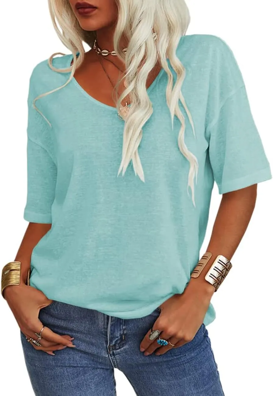 Tankaneo Women's Summer Fashion V-Neck Half Sleeves T Shirt Solid Casual Loose Basic Tunics Tops