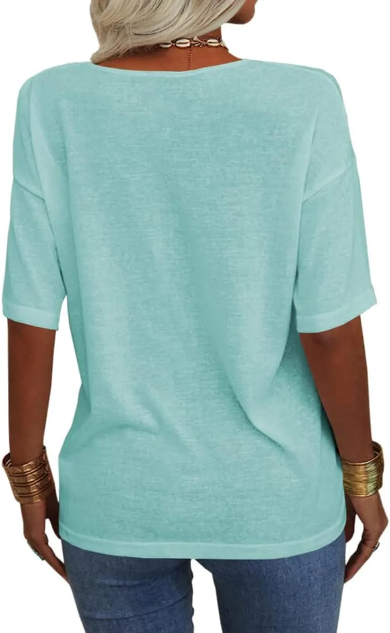 Tankaneo Women's Summer Fashion V-Neck Half Sleeves T Shirt Solid Casual Loose Basic Tunics Tops