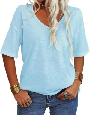 Tankaneo Women's Summer Fashion V-Neck Half Sleeves T Shirt Solid Casual Loose Basic Tunics Tops
