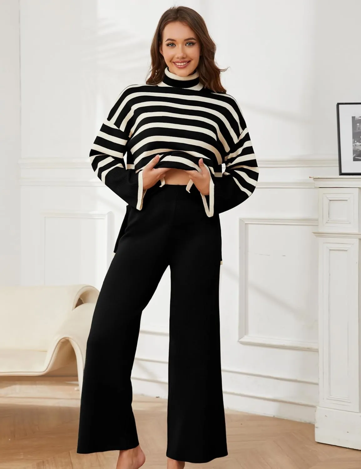 Tanming Women's Sweater Sets Long Sleeve Striped Jumper Tops Casual Knit Wide Leg Pants Sets