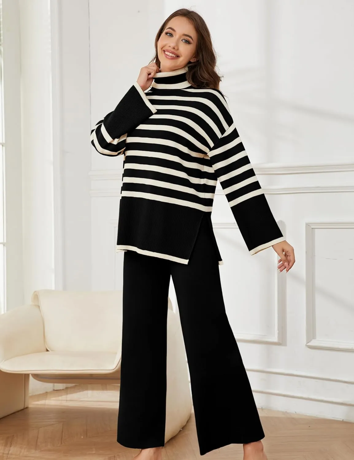 Tanming Women's Sweater Sets Long Sleeve Striped Jumper Tops Casual Knit Wide Leg Pants Sets