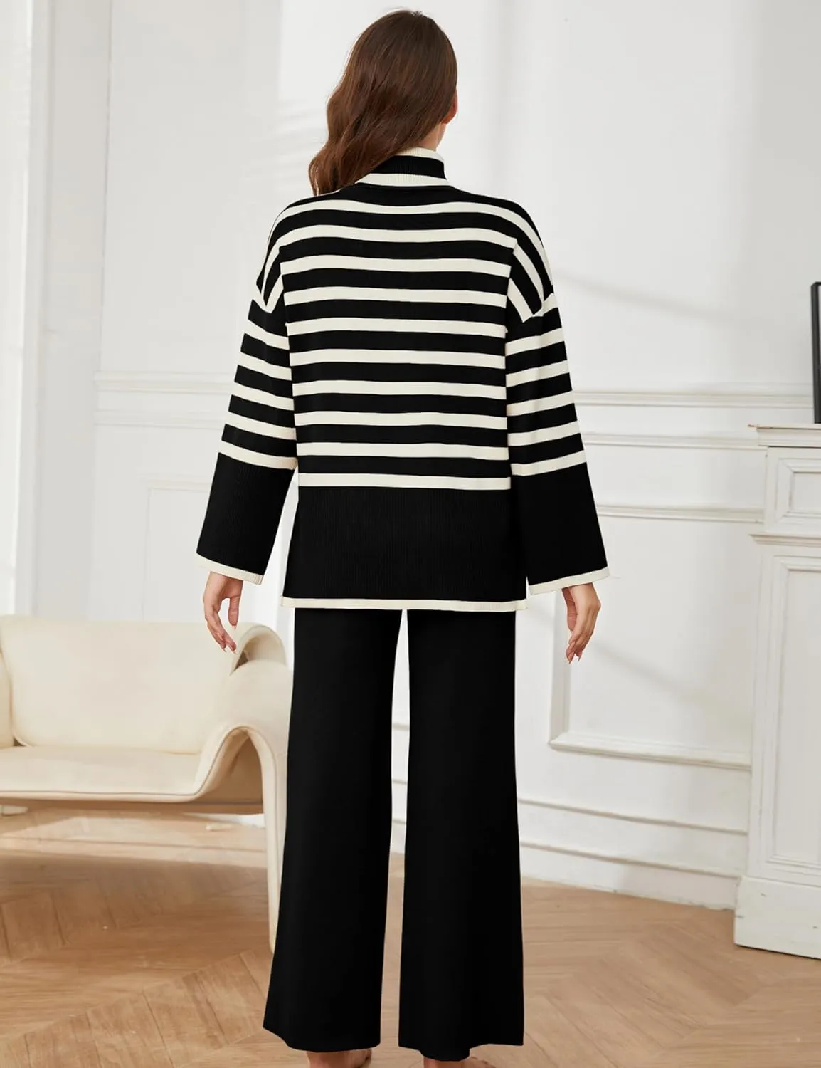 Tanming Women's Sweater Sets Long Sleeve Striped Jumper Tops Casual Knit Wide Leg Pants Sets
