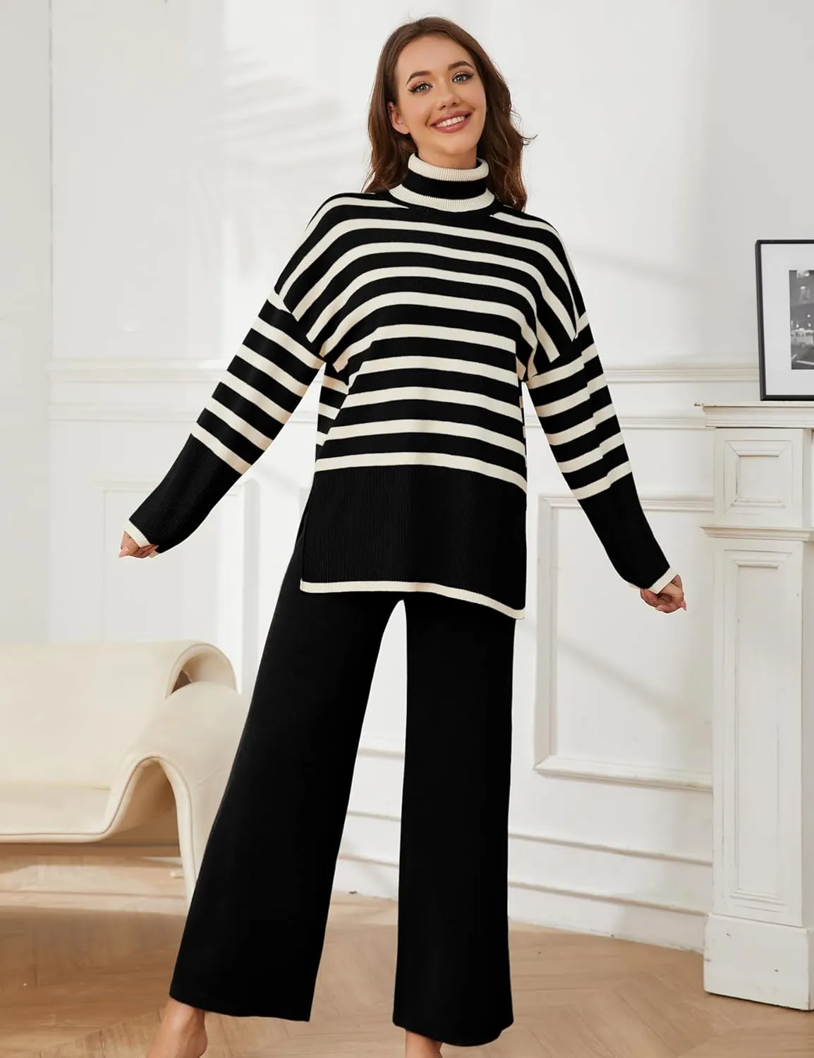 Tanming Women's Sweater Sets Long Sleeve Striped Jumper Tops Casual Knit Wide Leg Pants Sets