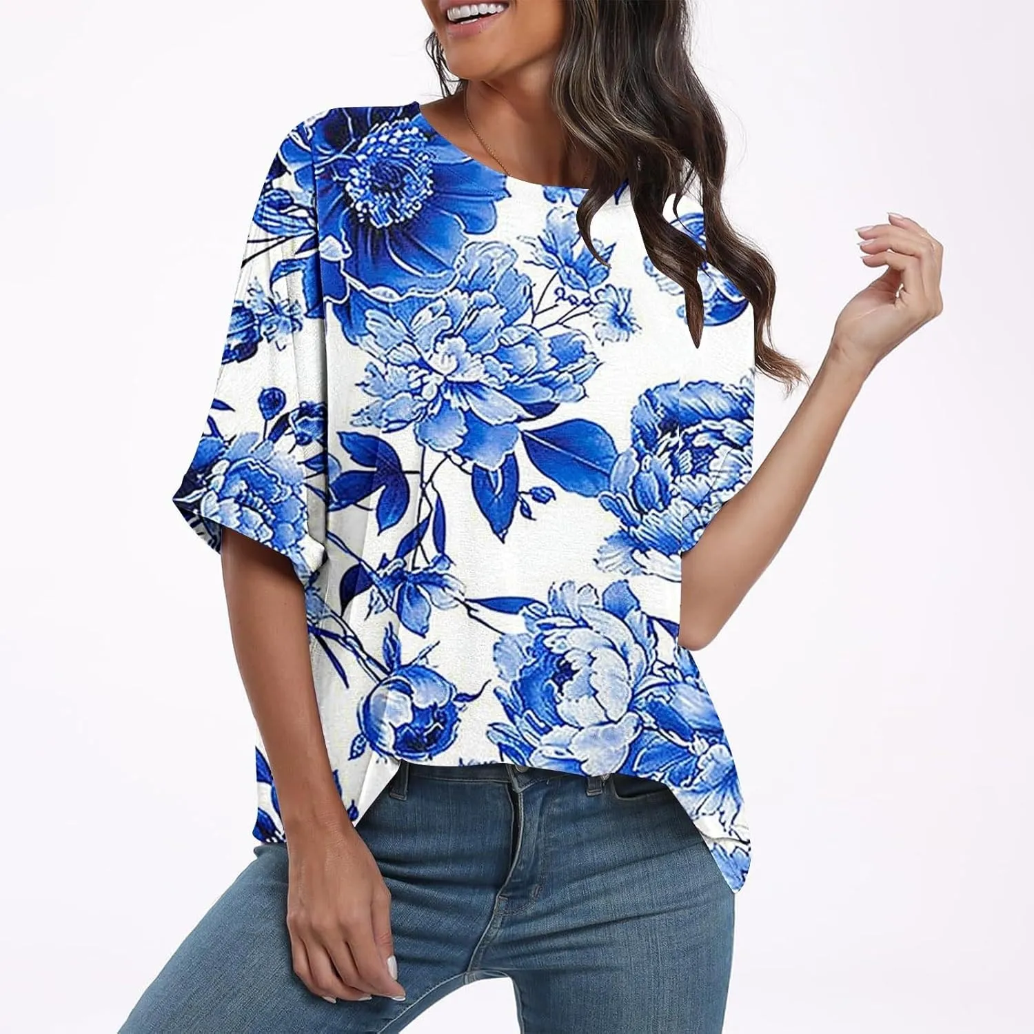 Tops for Women Trendy Summer Plus Size Crew Neck Short Sleeve Shirt Loose Fit Floral Graphic Tunic Tees Blouses