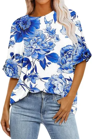 Tops for Women Trendy Summer Plus Size Crew Neck Short Sleeve Shirt Loose Fit Floral Graphic Tunic Tees Blouses