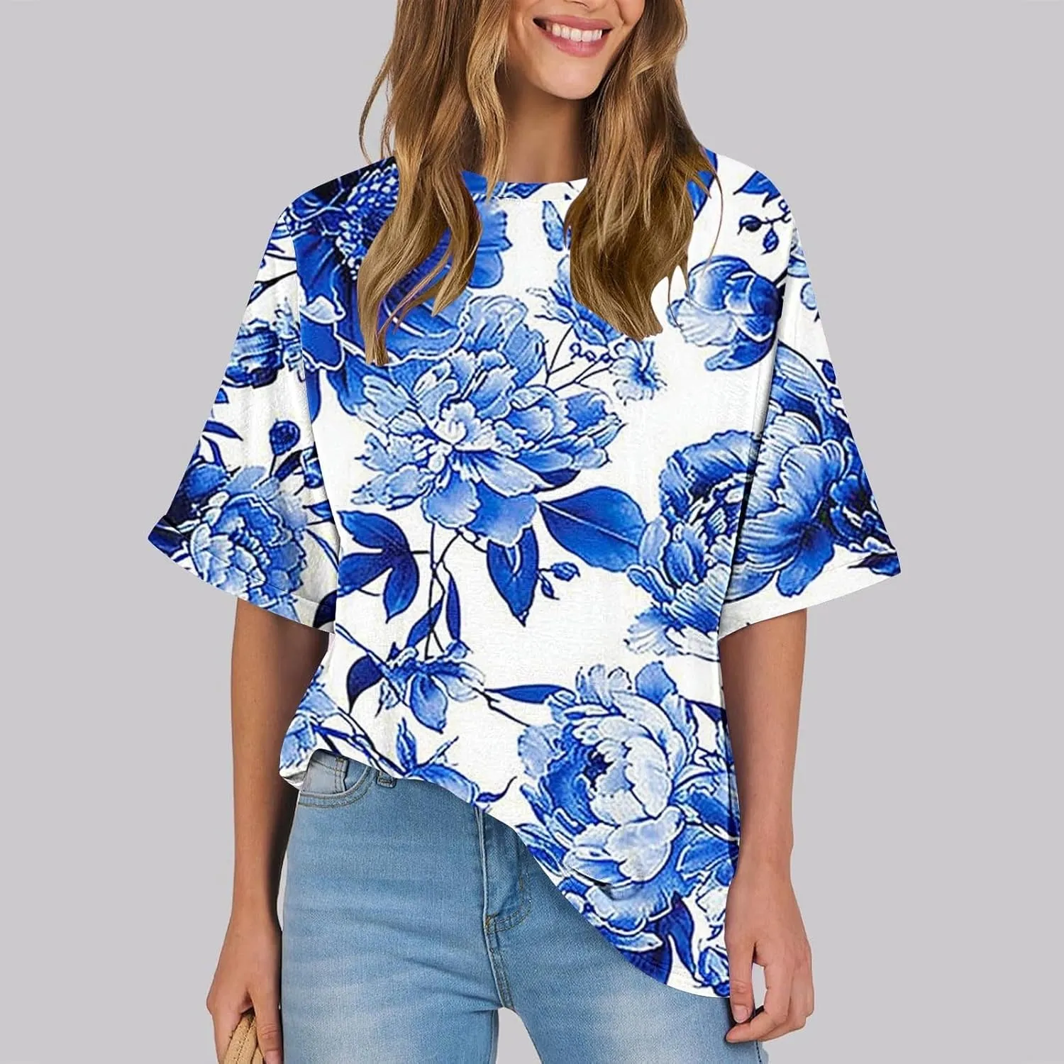 Tops for Women Trendy Summer Plus Size Crew Neck Short Sleeve Shirt Loose Fit Floral Graphic Tunic Tees Blouses