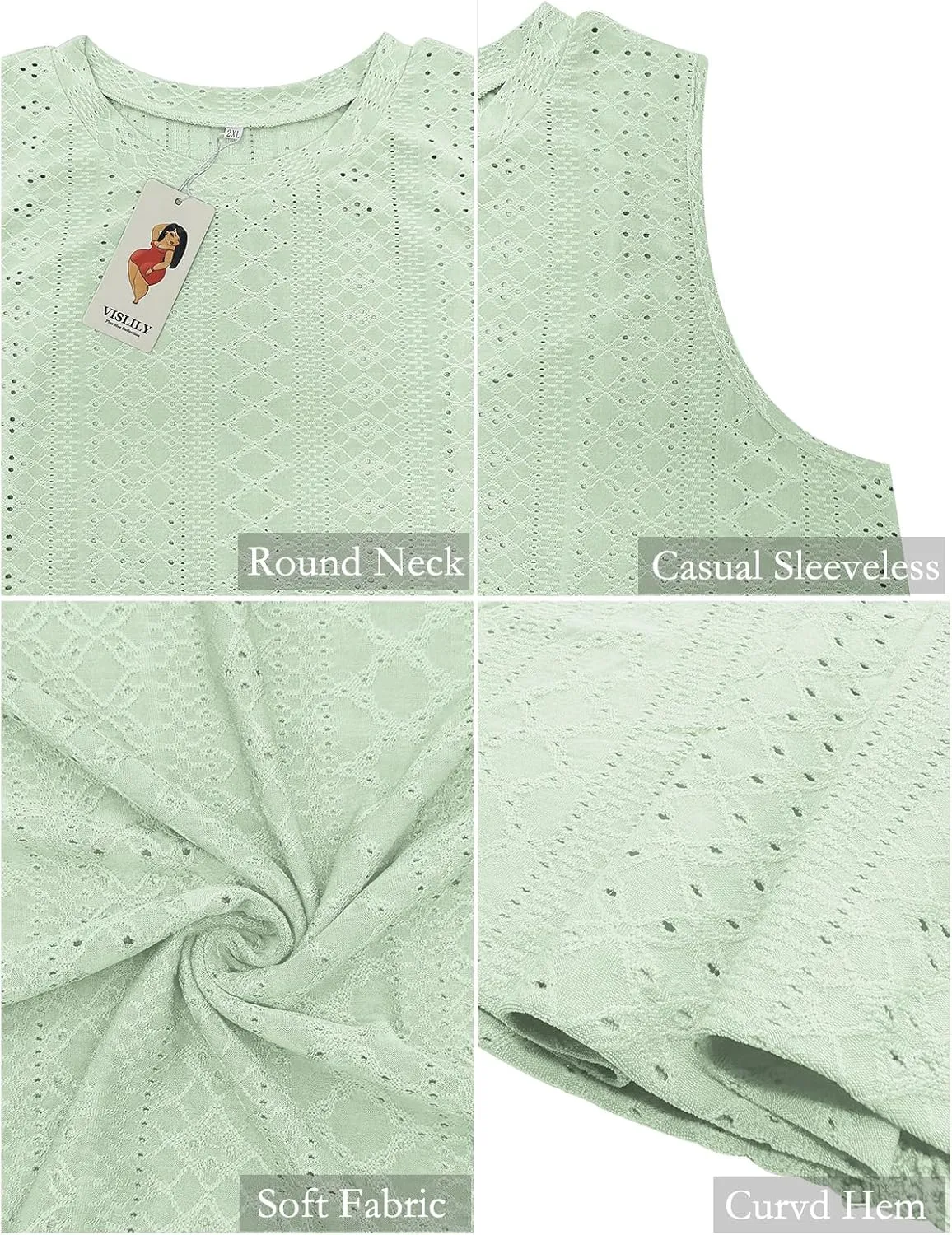 VISLILY Womens-Plus-Size-Tank-Tops Summer Sleeveless Eyelet Shirts Round Neck Tunics Flowy Classic Tees