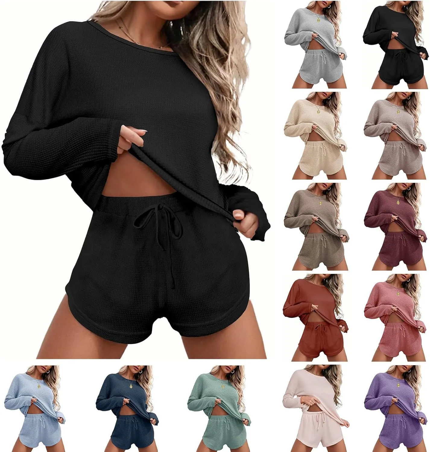 Waffle Knit 2 Piece Sets for Women Summer Long Sleeve Top and Shorts Matching Pajama Lounge Sets Postpartum Clothes