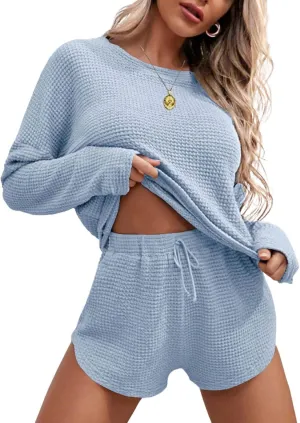 Waffle Knit 2 Piece Sets for Women Summer Long Sleeve Top and Shorts Matching Pajama Lounge Sets Postpartum Clothes