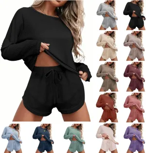 Waffle Knit 2 Piece Sets for Women Summer Long Sleeve Top and Shorts Matching Pajama Lounge Sets Postpartum Clothes