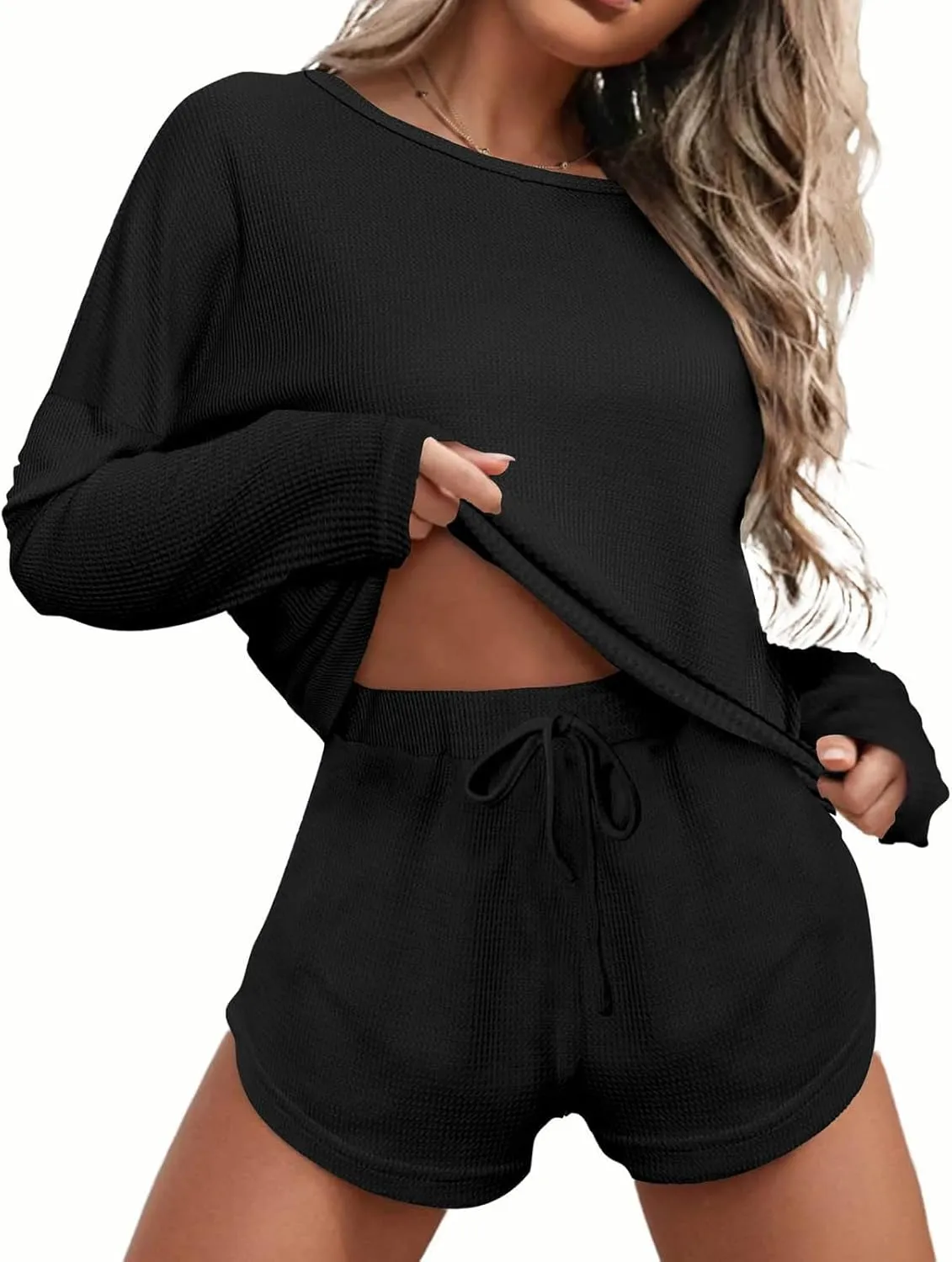 Waffle Knit 2 Piece Sets for Women Summer Long Sleeve Top and Shorts Matching Pajama Lounge Sets Postpartum Clothes