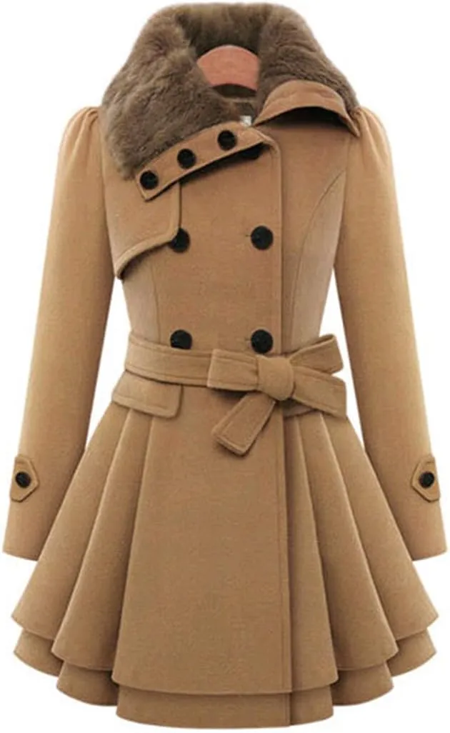 watersouprty Women's Faux Fur Lapel Double-Breasted Thick Long Wool Trench Coat Jacket