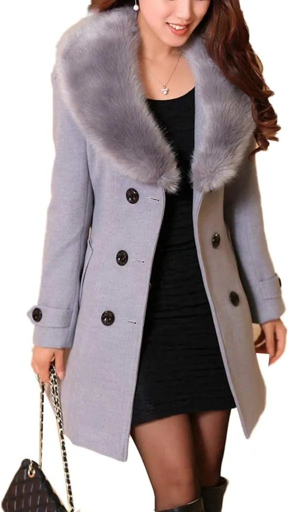 watersouprty Women's Faux Fur Lapel Double-Breasted Thick Long Wool Trench Coat Jacket