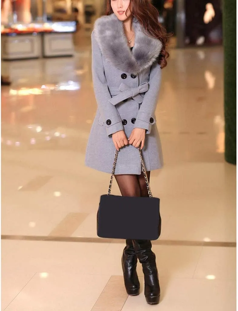 watersouprty Women's Faux Fur Lapel Double-Breasted Thick Long Wool Trench Coat Jacket