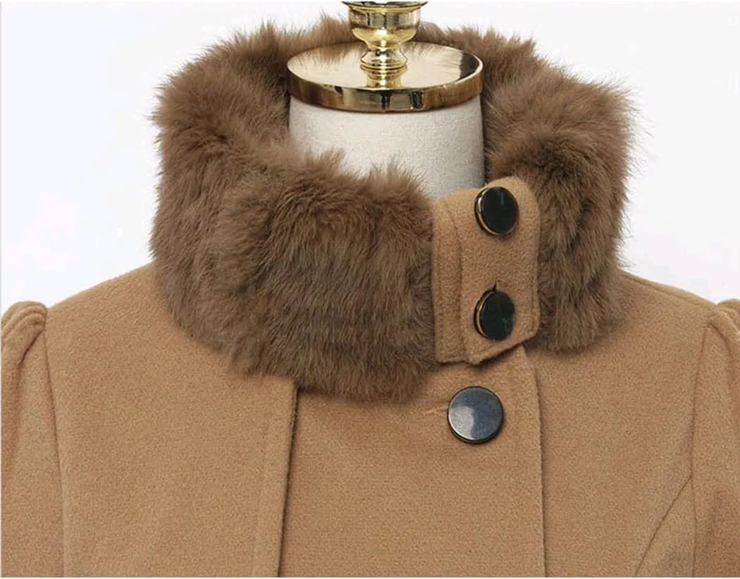 watersouprty Women's Faux Fur Lapel Double-Breasted Thick Long Wool Trench Coat Jacket