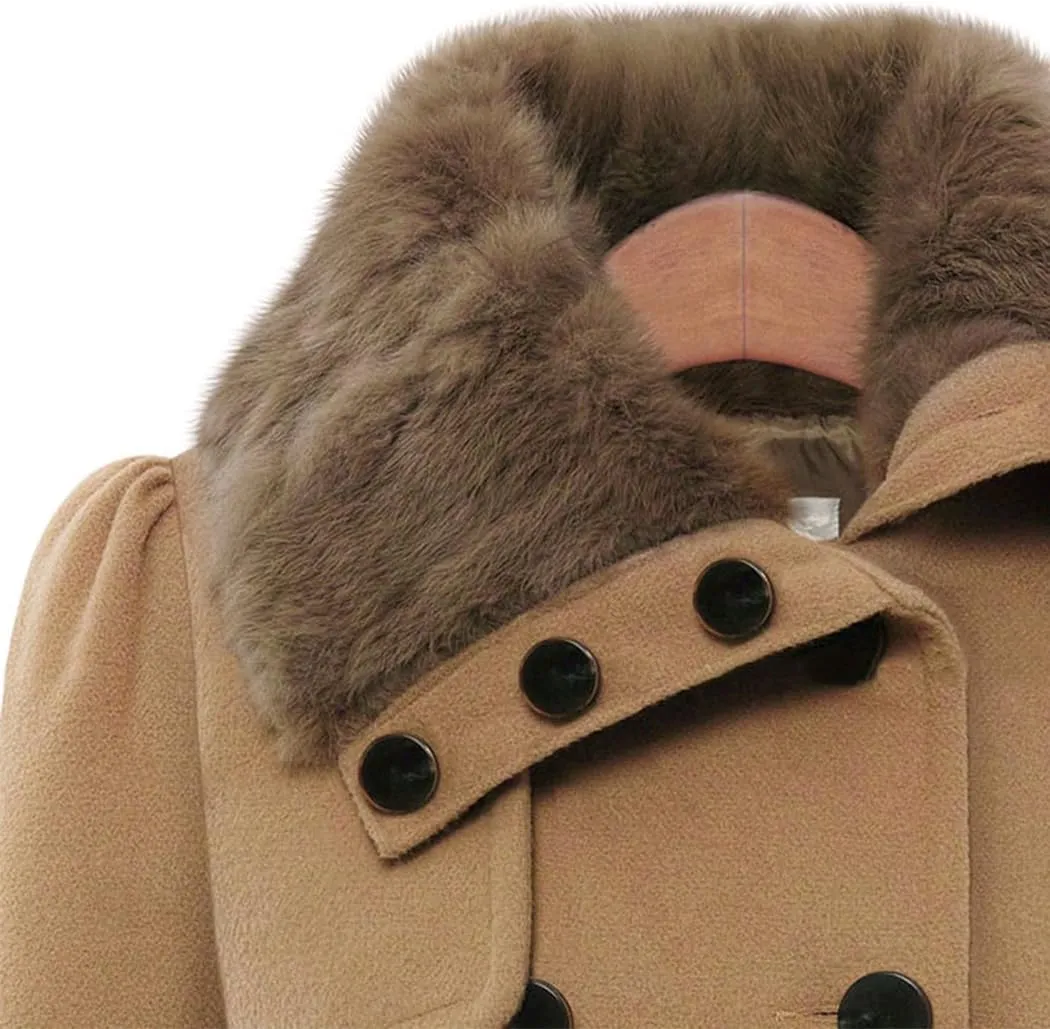 watersouprty Women's Faux Fur Lapel Double-Breasted Thick Long Wool Trench Coat Jacket