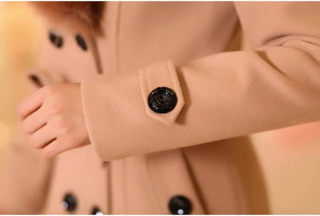watersouprty Women's Faux Fur Lapel Double-Breasted Thick Long Wool Trench Coat Jacket