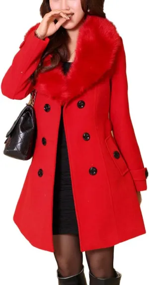watersouprty Women's Faux Fur Lapel Double-Breasted Thick Long Wool Trench Coat Jacket
