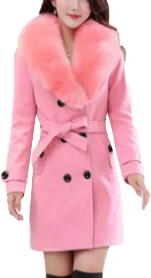 watersouprty Women's Faux Fur Lapel Double-Breasted Thick Long Wool Trench Coat Jacket
