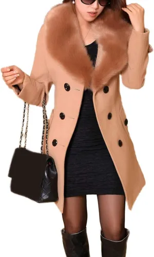 watersouprty Women's Faux Fur Lapel Double-Breasted Thick Long Wool Trench Coat Jacket