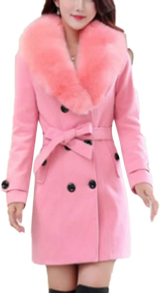 watersouprty Women's Faux Fur Lapel Double-Breasted Thick Long Wool Trench Coat Jacket