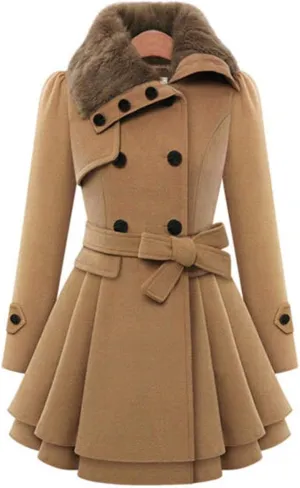watersouprty Women's Faux Fur Lapel Double-Breasted Thick Long Wool Trench Coat Jacket