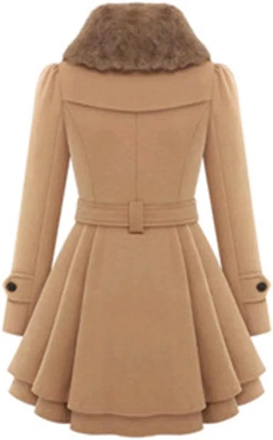watersouprty Women's Faux Fur Lapel Double-Breasted Thick Long Wool Trench Coat Jacket